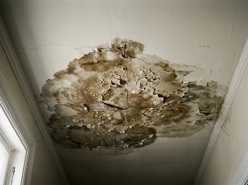 A water stain spreading across a painted ceiling below an upstairs bathroom, paint beginning to blister
