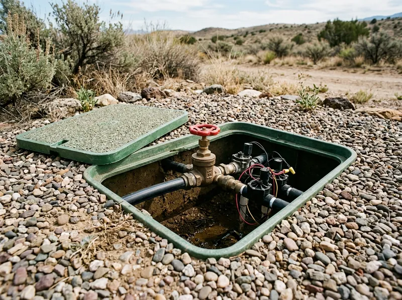 An irrigation control valve box opened in desert gravel landscaping with the isolation valve visible