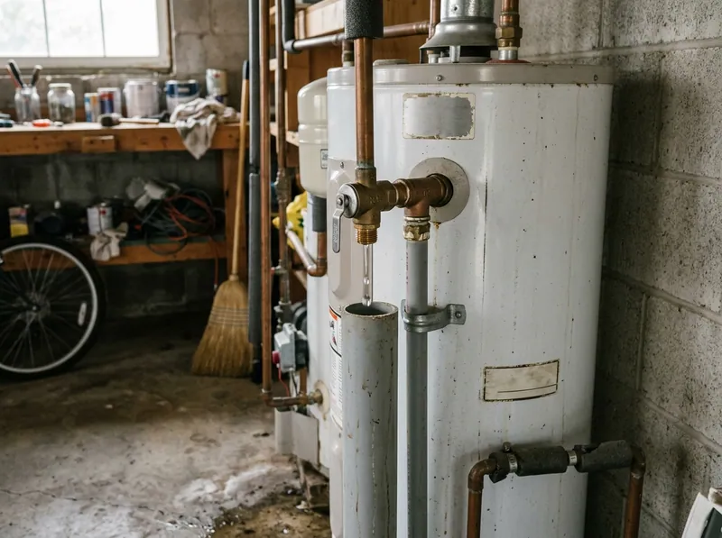 A water heater temperature and pressure relief valve dripping into a discharge pipe in a garage