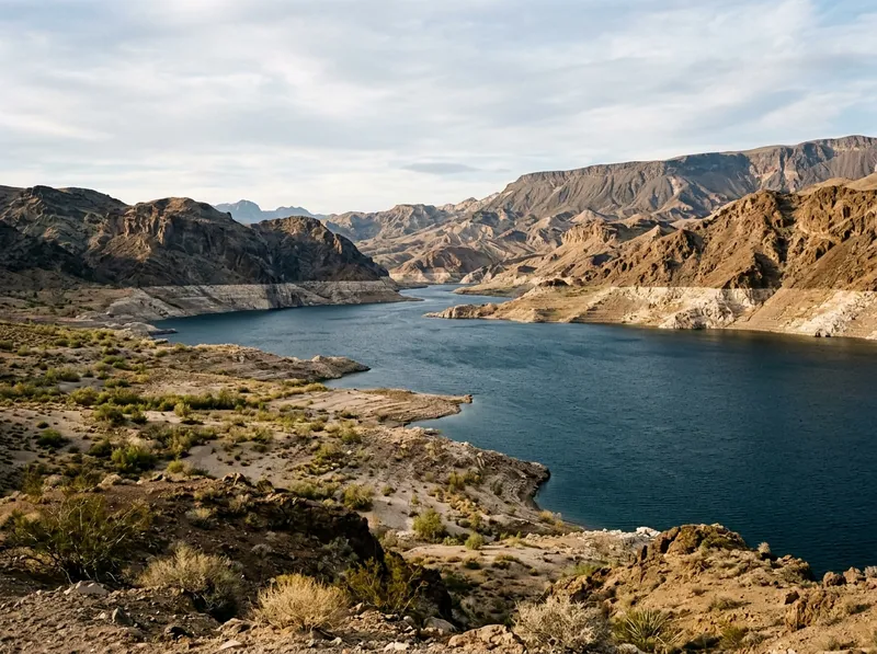 Lake Mead shoreline with the Colorado River water source and desert mountains beyond
