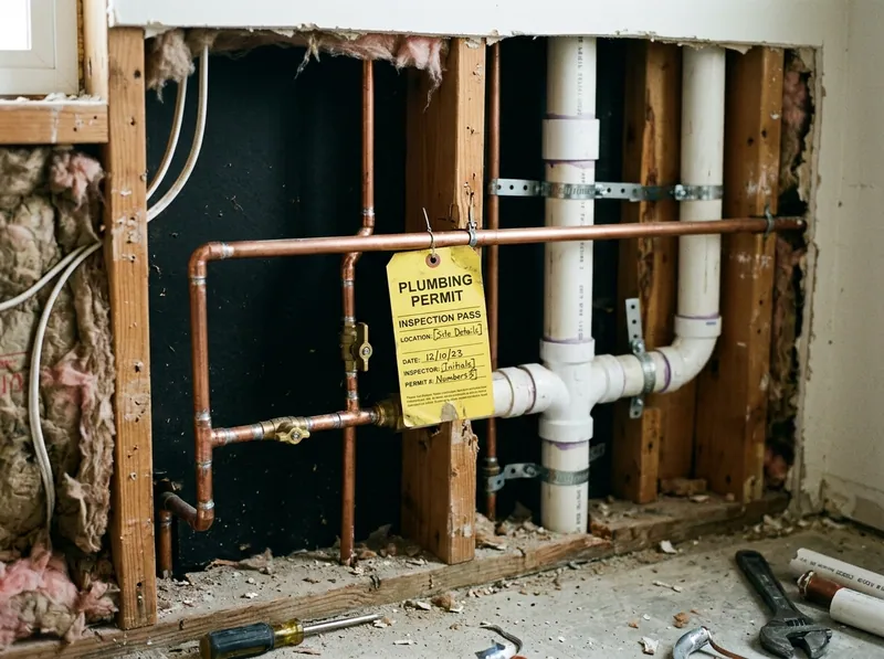 A plumbing permit inspection tag attached to new pipework in an open wall cavity