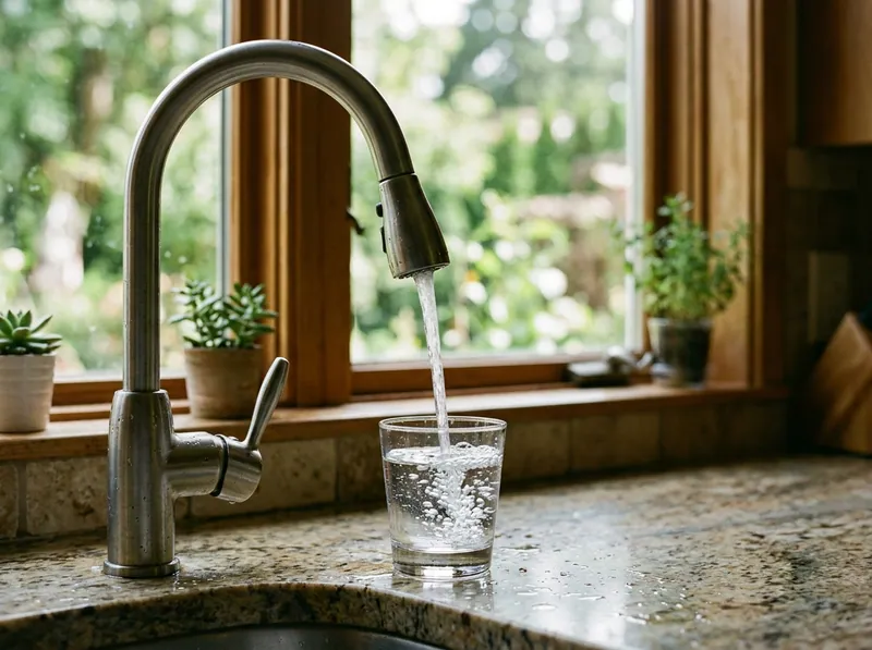 A kitchen tap running clear water into a glass with soft daylight through a window behind