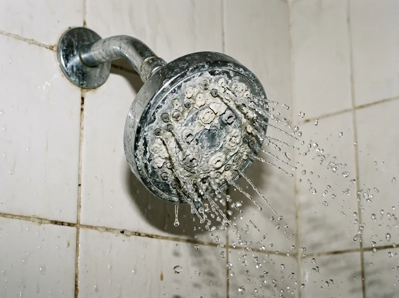 A shower head clogged with white mineral deposit, several jets blocked, water spraying unevenly