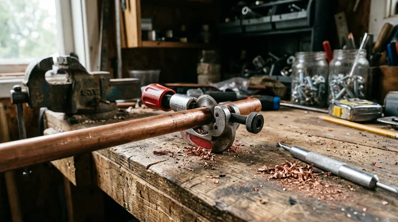 A copper pipe being cut with a tubing cutter on a workbench, shavings and a deburring tool alongside