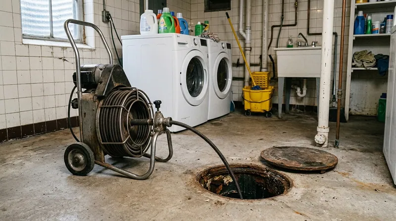 A drain cleaning cable machine positioned beside an open floor cleanout in a residential laundry room