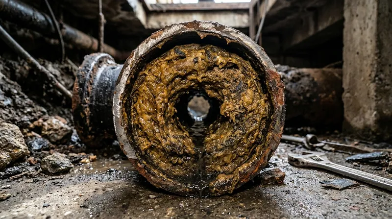 A cut open drain pipe cross section showing a thick grease ring narrowing the opening to a small hole in the centre