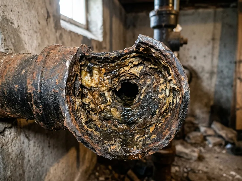 A cut open section of cast iron drain pipe showing a thick grease and scale coating narrowing the bore