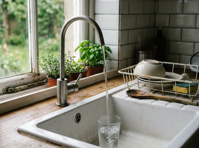 A dedicated drinking water faucet at a kitchen sink with a small stream of filtered water running