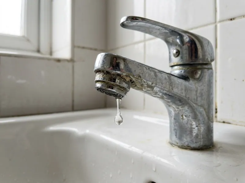 A dripping chrome bathroom faucet with a single droplet suspended below the aerator, mineral staining on the spout