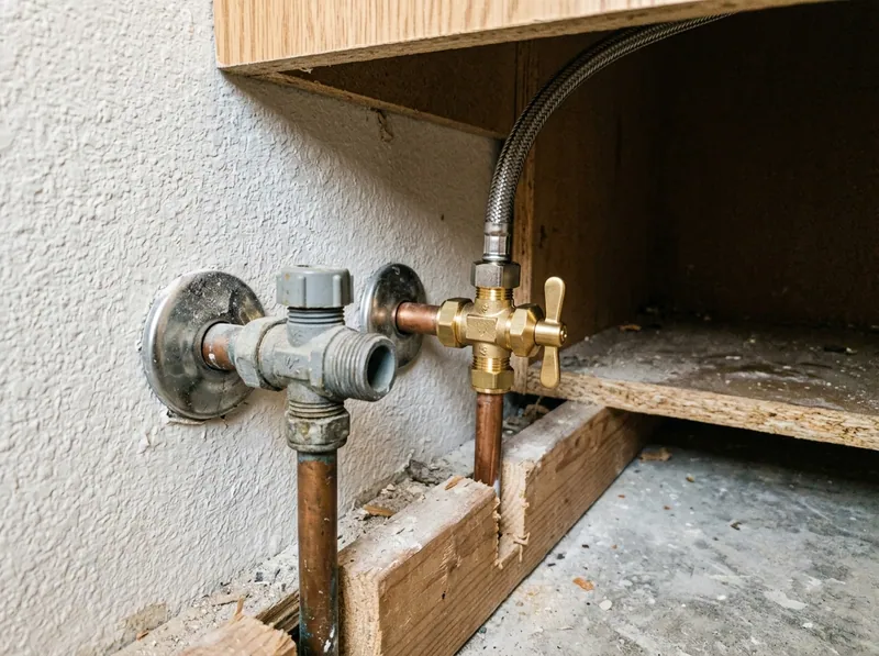 A builder grade plastic angle stop under a new bathroom vanity beside a brass replacement