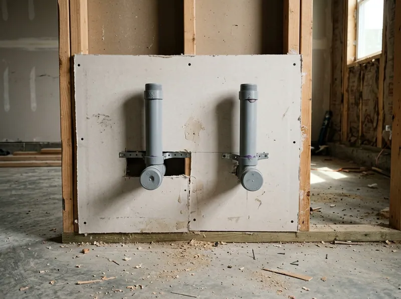 A capped and unused water softener loop roughed into a new garage wall, two stub outs with caps