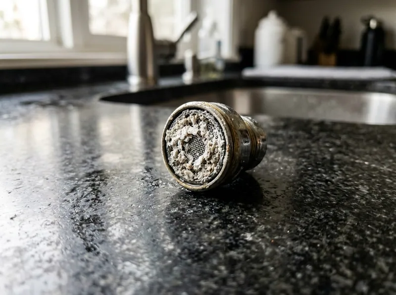 A removed faucet aerator screen packed with white mineral grit on a dark countertop