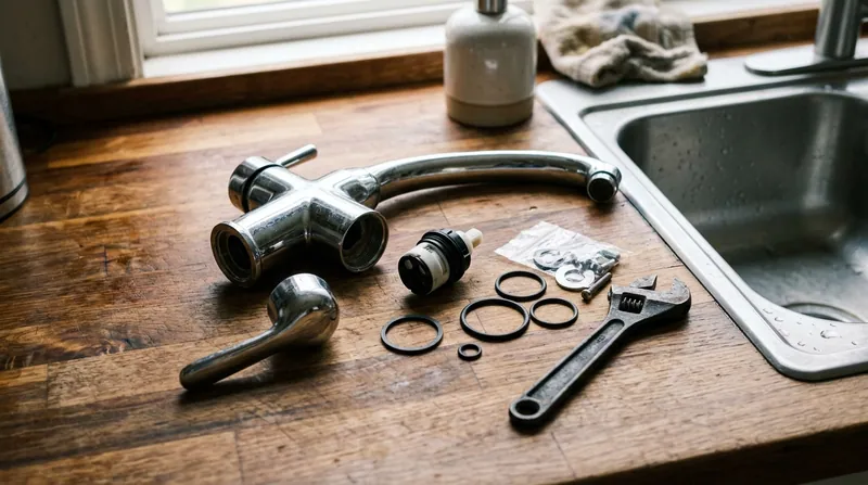 A disassembled kitchen faucet on a countertop beside its cartridge, O rings and a small basin wrench