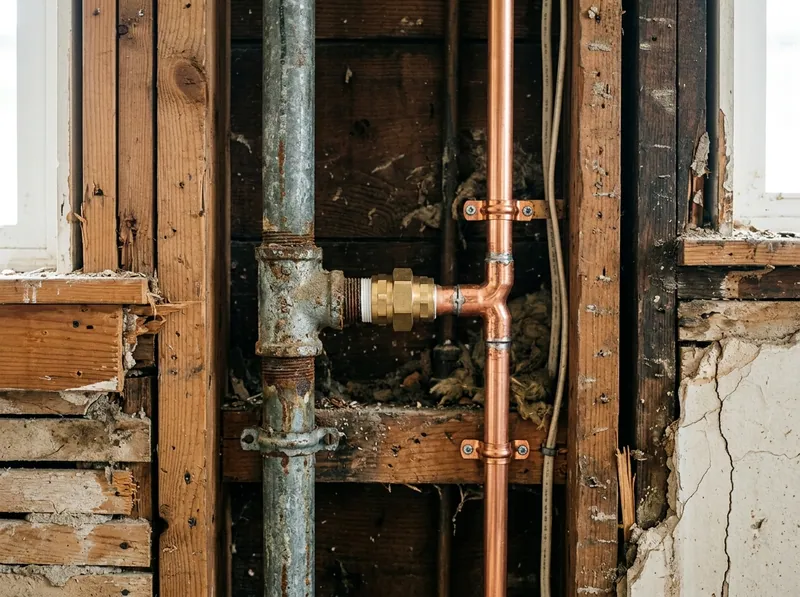 An open wall cavity showing old galvanized steel supply pipe next to new copper, transition fitting between them