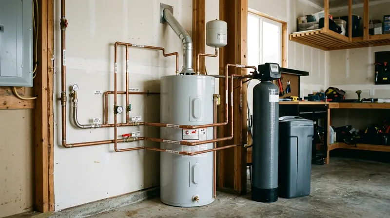 A residential garage utility corner with a water heater, softener and neatly routed copper pipework, everything labelled