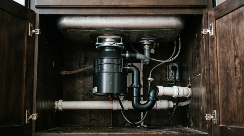 The underside of a stainless kitchen sink showing a garbage disposal unit, discharge tube and the reset button, cabinet do...
