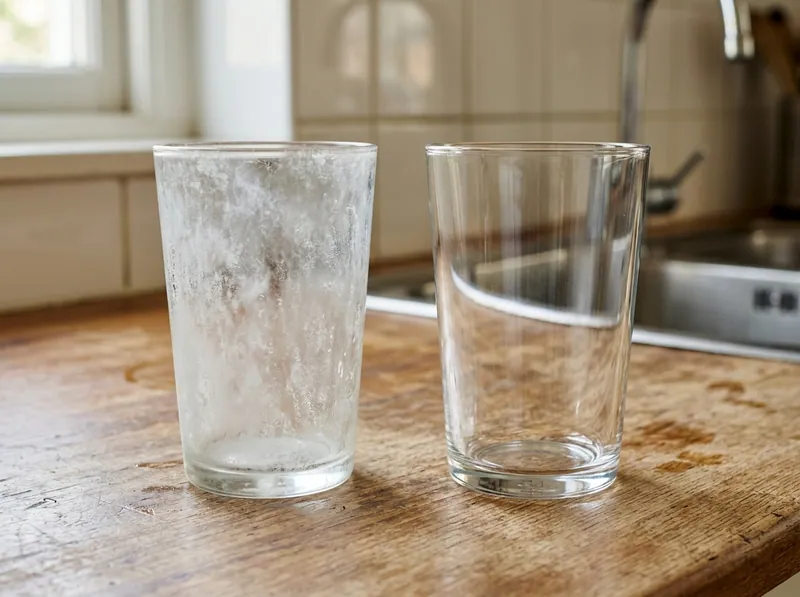 Two identical drinking glasses side by side, one clouded with hard water film and one clear