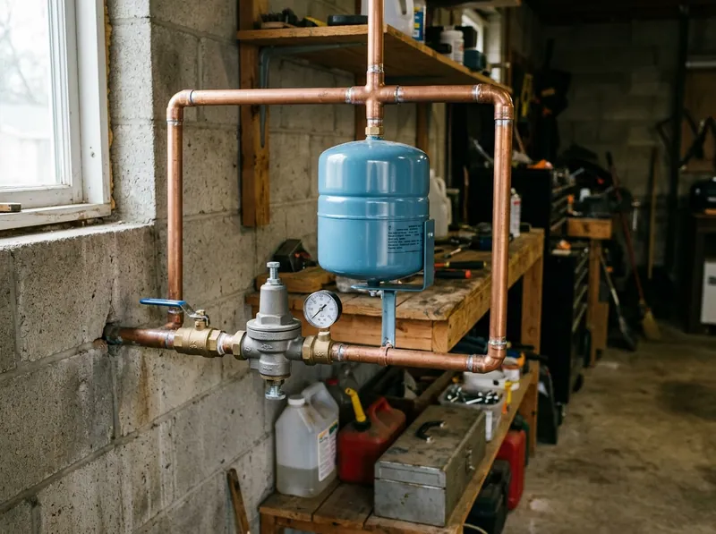 A thermal expansion tank and pressure reducing valve assembly on a residential supply line in a garage