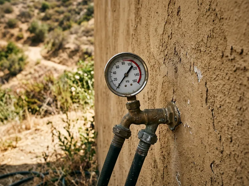 A pressure gauge on a hose bib reading well above normal residential pressure, hillside stucco wall behind