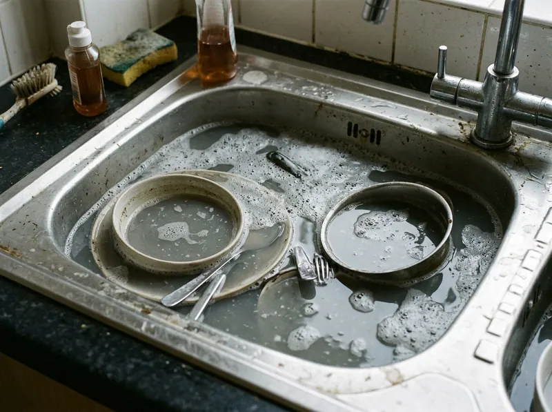 A kitchen sink full of standing grey water that will not drain, dish suds on the surface