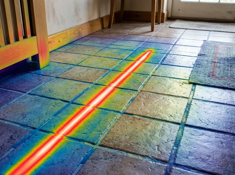 A warm patch on a tiled residential floor photographed with a thermal imaging camera overlay, showing a hot line beneath t...