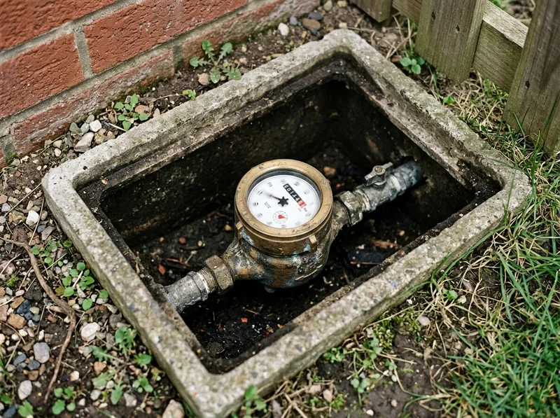 A residential water meter in a concrete box at the property line with the dial in motion
