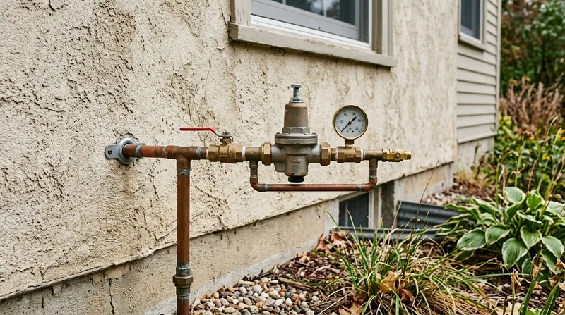A whole house water shutoff and pressure regulator assembly on an exterior stucco wall in daylight