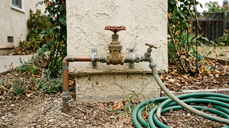 A residential main water shutoff valve at the front of a stucco house beside a hose bib, hand wheel clearly visible
