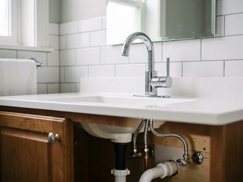 A new chrome bathroom faucet freshly installed on a white vanity, braided supply lines visible below