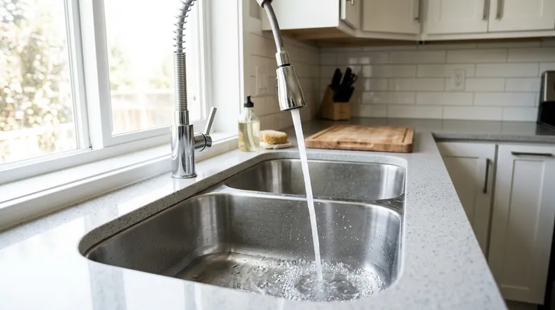 A brand new stainless kitchen sink with a pull down faucet, water running into the basin, bright daylight