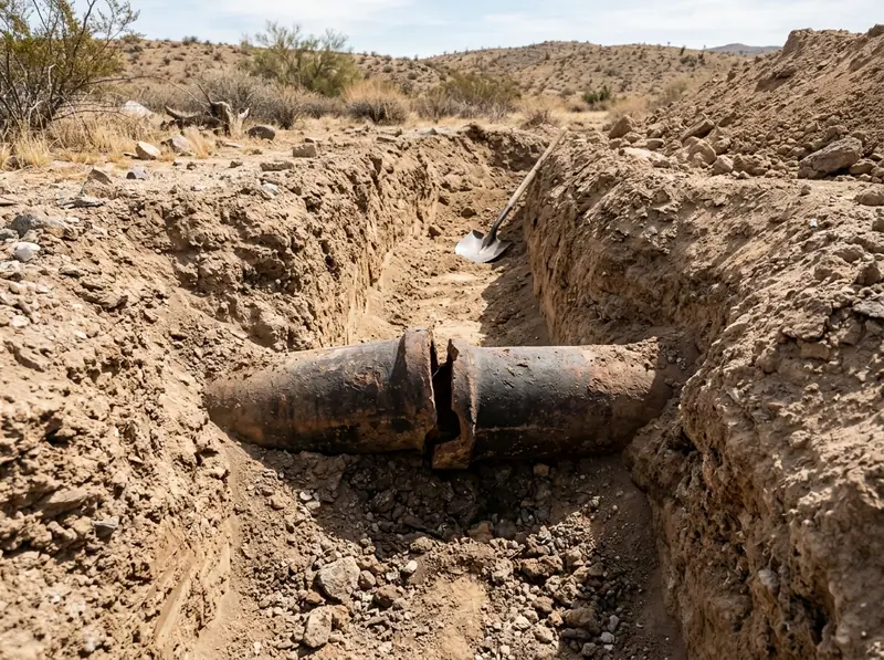 An excavated trench exposing an old clay sewer lateral with a visible offset joint, desert soil around it