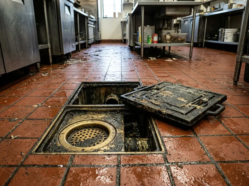 A commercial kitchen floor drain with a grease interceptor cover lifted beside it