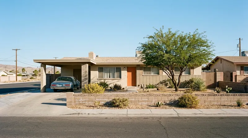 A mid century single storey home with a carport and a low block wall on a wide North Las Vegas street, clear morning light