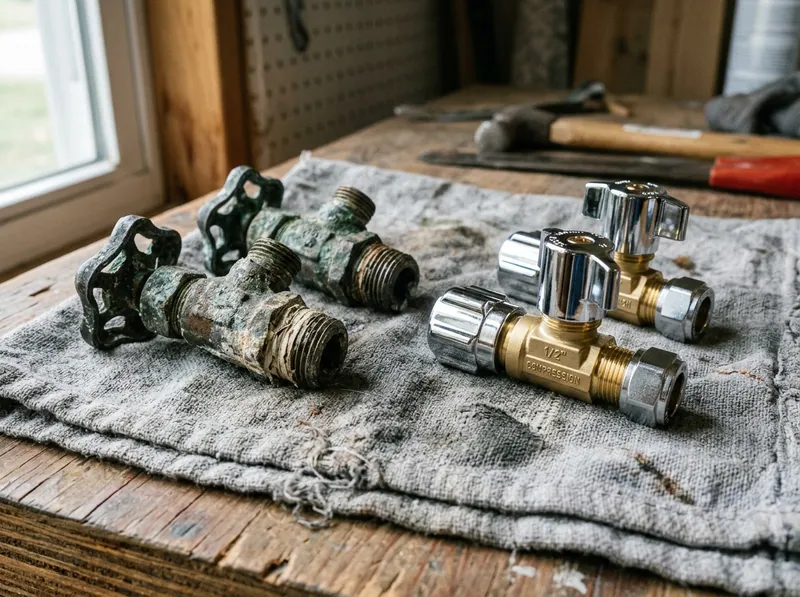 Two old chrome angle stop valves removed and set beside their bright new replacements on a cloth
