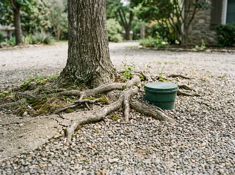 Mature landscaping trees close to a sewer cleanout in a gravel yard, established root zone visible
