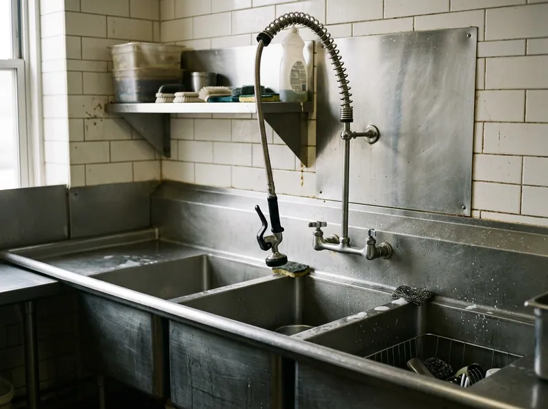 A restaurant kitchen pre rinse spray assembly over a three compartment sink, stainless throughout