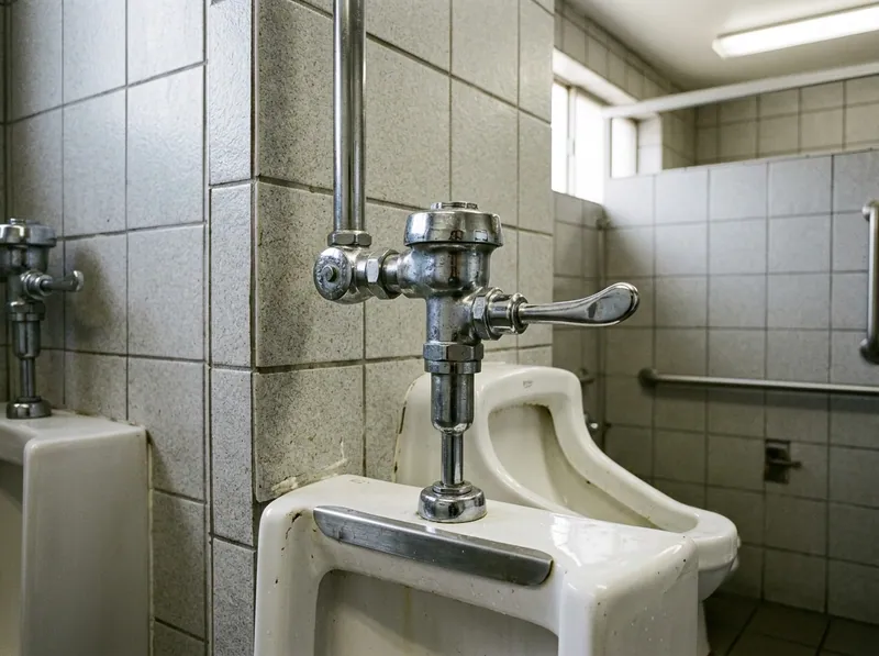 A commercial restroom flushometer valve on a wall mounted urinal, stainless and chrome fittings