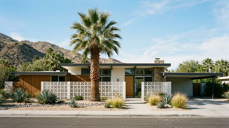 A mid century modern single story home with a flat roofline and breeze block screen wall, mature palm in the front yard
