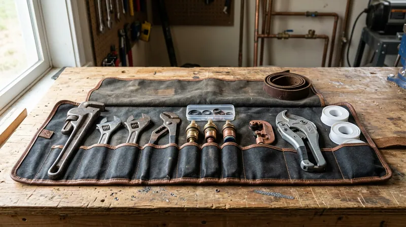 A plumber tool roll laid open on a clean workbench with wrenches, a pipe cutter, cartridges and thread tape arranged in order