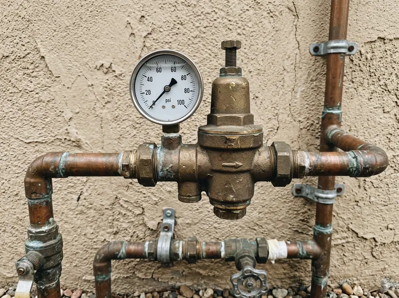 A pressure reducing valve on a residential main supply line with a gauge attached, stucco wall behind