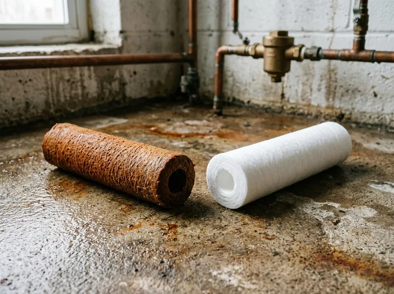 A used sediment filter cartridge covered in fine reddish grit beside a clean white replacement cartridge