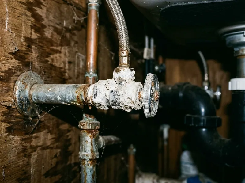 A seized chrome angle stop valve under a sink, heavy white mineral crust around the stem