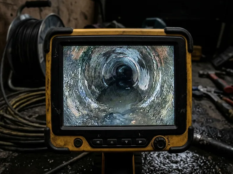 A sewer camera monitor screen showing the inside of a pipe with standing water in a sagged section