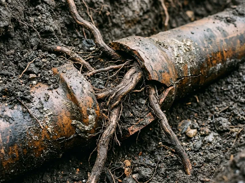 Tree roots growing through a cracked joint in a clay sewer pipe, soil around the opening