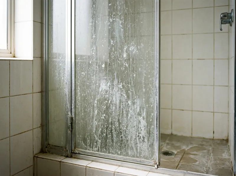 A glass shower enclosure with heavy white hard water spotting and etching across the panel