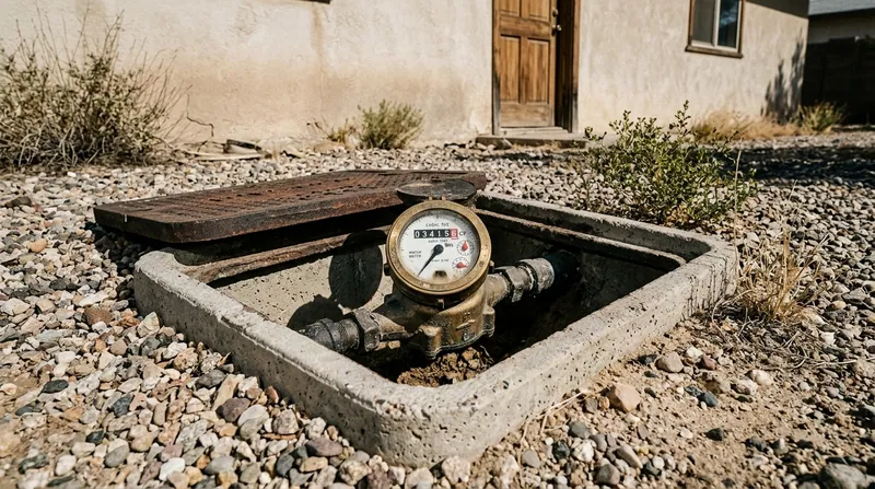 A residential water meter dial turning in its concrete box while the house is closed up, desert gravel around it