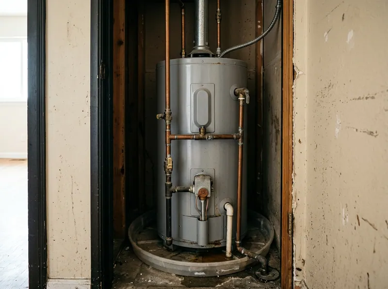 A water heater installed in a narrow interior closet with minimal clearance, drain pan beneath it