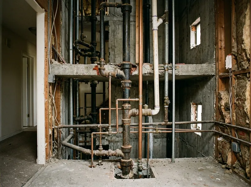 A shared plumbing riser inside an open utility chase serving stacked attached units