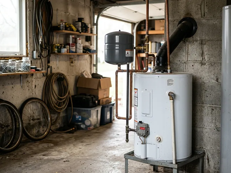 A thermal expansion tank mounted above a water heater cold inlet line in a residential garage