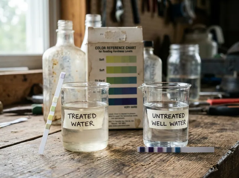 A hardness test strip held against a treated water sample showing a soft reading, and a second strip showing hard